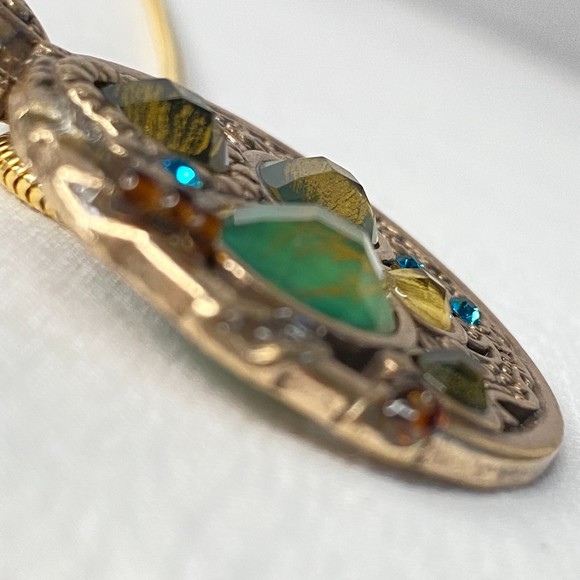 Express Pendant Necklace Gold Tone Multicolor Stone Opera Chain - Picture 6 of 11